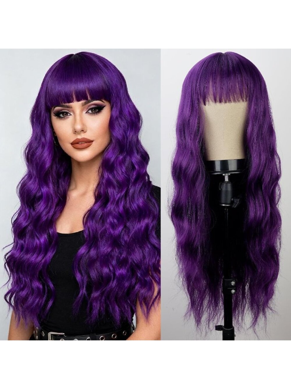 Women's Dark Purple 26 Inch Natural Looking Synthetic Fiber Long Wavy Wigs Bangs